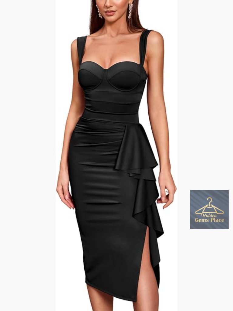 Midi Cocktail Dress With Built-In Bra Ruched Tummy Control Formal Evening